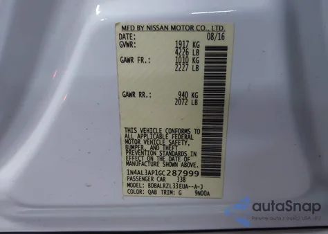 2016 Nissan Altima 2.5 Sl from USA, damaged, VIN 1N4AL3AP1GC287999